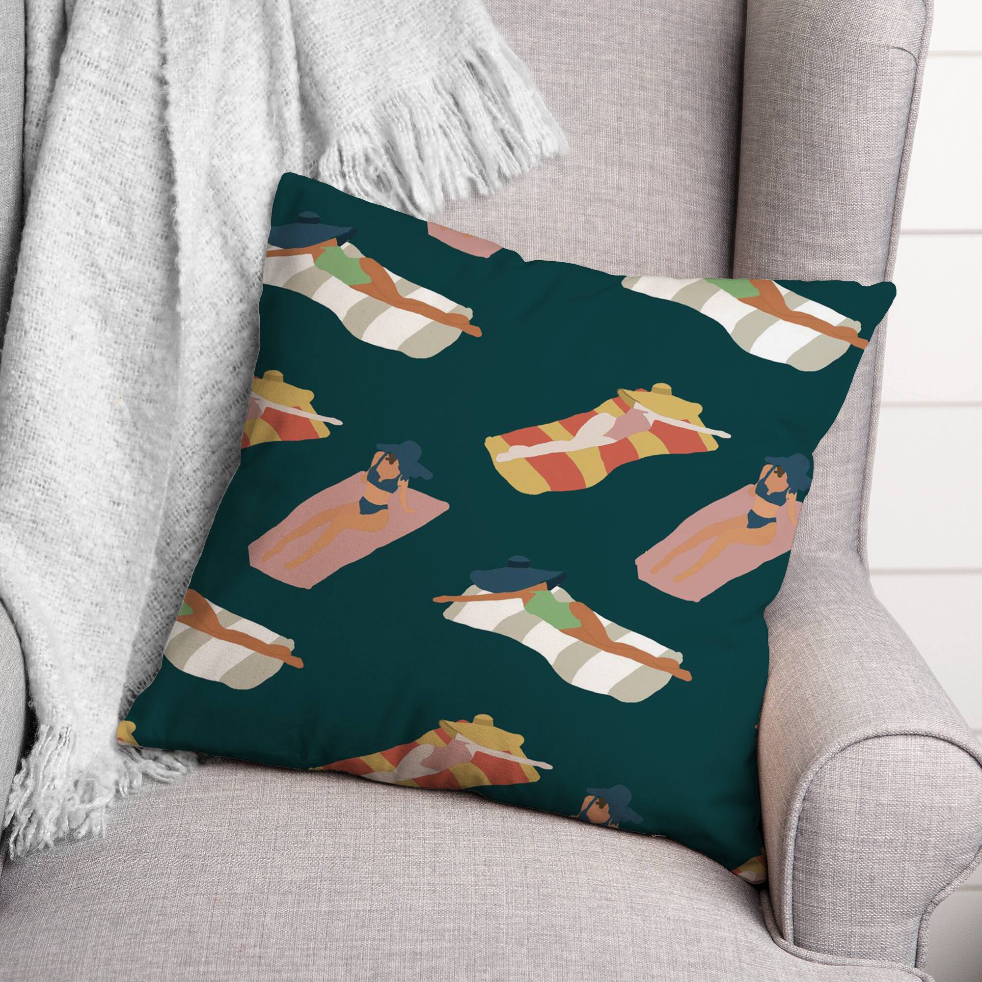 Navy Sun Bathers Pattern Throw Pillow